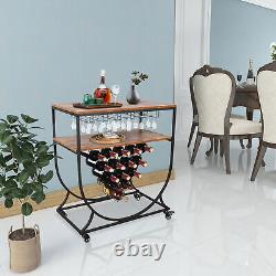 15-Bottle Industrial Bar Cart Wheels Storage Shelf Wine Rack with Glass Holder