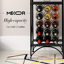 15-Bottle Metal Wine Rack Wine Storage Display with 3 Glass Holder & Shelf Black
