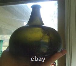 1705 Rare Early Blackglass Pancake Onion Bottle Free Blown Damaged As Is