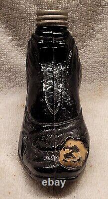 1800s Puce Red Amber Black Glass Shoe Whiskey Nip Figural Sheared Top Painted