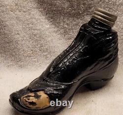 1800s Puce Red Amber Black Glass Shoe Whiskey Nip Figural Sheared Top Painted