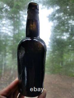 1840's Remarkable Old Black Glass Gin or Rum Bottle! 3 Pc. Mold, Applied Top