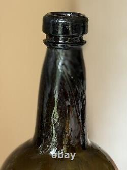 1850s 1860s BLACK GLASS APPLIED LIP WIDE PONTIL SPIRITS/WINE BOTTLE