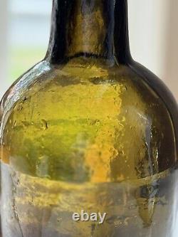 1850s 1860s BLACK GLASS APPLIED LIP WIDE PONTIL SPIRITS/WINE BOTTLE