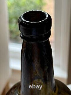 1850s 1860s BLACK GLASS APPLIED LIP WIDE PONTIL SPIRITS/WINE BOTTLE