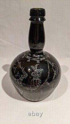 1854 Scottish Black Glass Wine Bottle, Very Elaborate Stipple Etched Designs