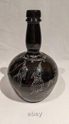 1854 Scottish Black Glass Wine Bottle, Very Elaborate Stipple Etched Designs