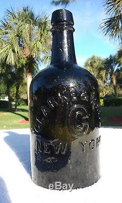 1860's Antique Black Glass Clarke & White, Saratoga N. Y. Mineral Water Bottle
