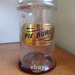 1880s LABEL UNDER GLASS PIX BURG APOTHECARY DRUGSTORE COVERED JAR WITH GLASS LID