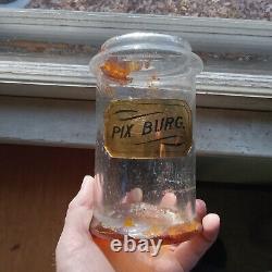 1880s LABEL UNDER GLASS PIX BURG APOTHECARY DRUGSTORE COVERED JAR WITH GLASS LID