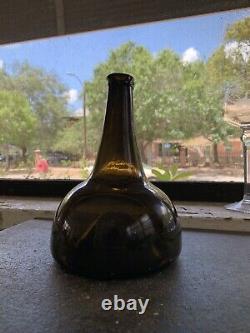18th Century Dutch Onion Black brown Glass Wine Bottle horse hoof flat squaty