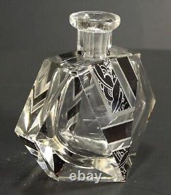 = 1920-30's Karl Palda Art Deco Crystal Perfume Bottle, Clear & Black, Bohemian