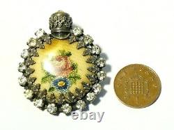 1920, s Paste Stones Black Glass & Hand Embroidered Flowers Scent Bottle Brooch