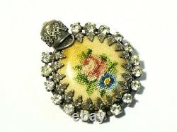 1920, s Paste Stones Black Glass & Hand Embroidered Flowers Scent Bottle Brooch