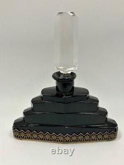 1930s Czech Henrich Hoffman Art Deco Black Perfume Bottle and Clear Glass Dauber