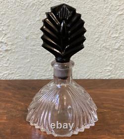 1930s New Martinsville Art Deco Perfume Bottle Clear & Black Glass Stopper Palm