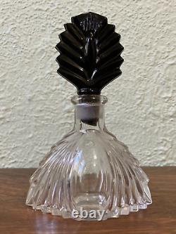 1930s New Martinsville Art Deco Perfume Bottle Clear & Black Glass Stopper Palm