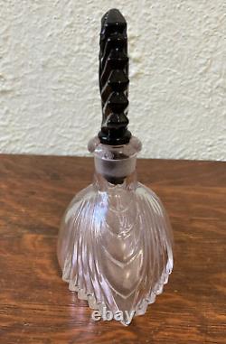 1930s New Martinsville Art Deco Perfume Bottle Clear & Black Glass Stopper Palm