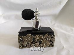 1950s Art Nouveau Style Perfume Bottle Atomizer Black Glass Filigree Overlay