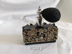 1950s Art Nouveau Style Perfume Bottle Atomizer Black Glass Filigree Overlay