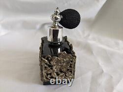 1950s Art Nouveau Style Perfume Bottle Atomizer Black Glass Filigree Overlay