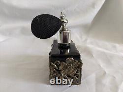 1950s Art Nouveau Style Perfume Bottle Atomizer Black Glass Filigree Overlay