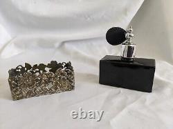 1950s Art Nouveau Style Perfume Bottle Atomizer Black Glass Filigree Overlay