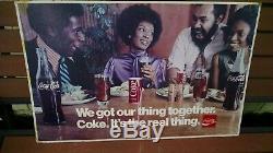 1960s Coca Cola respectful black memorabilia sign w soda bottles & glasses 26x17