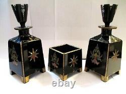 19TH Cent. MOSER OPALINE BLACK GLASS HAND PAINTED BOTTLES PERFUME SET