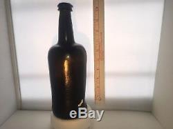 19# c. 1700's-1800's BLACK BLOWN GLASS PORT BOTTLE SEA SALVAGED PIRATE ARTIFACT