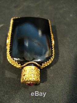 19th C. JEWELED GILT FILAGREE OVER BLACK OPAQUE GLASS SCENT / PERFUME BOTTLE