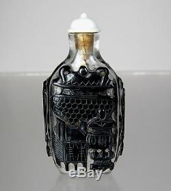 19th C, Peking Glass Black Overlay Snuff Bottle, Nine Bronze Vessels