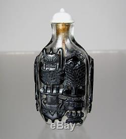 19th C, Peking Glass Black Overlay Snuff Bottle, Nine Bronze Vessels