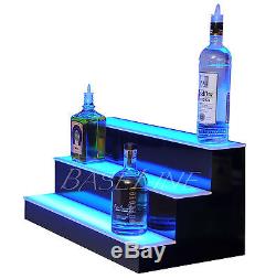 24 LED BOTTLE RACK BAR SHELF, 3 Step Home Bar Glass Display Shelving Rack