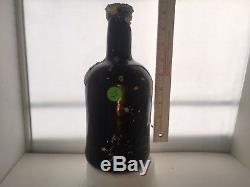 25# c. 1700's-1800's BLACK GLASS BLOWN PORT BOTTLE SEA SALVAGED PIRATE ARTIFACT