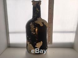 25# c. 1700's-1800's BLACK GLASS BLOWN PORT BOTTLE SEA SALVAGED PIRATE ARTIFACT