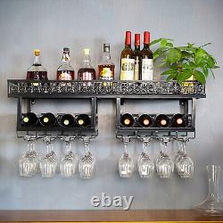 2Tier Wine Bottle Wood Wall Shelf Storage Rack Glass Hanging Holder for Bar Home