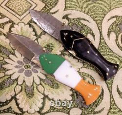 2 Custom hand made Damascus steel folding pocket fish shape knife with Cover