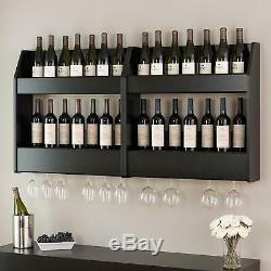 2 Shelves Wood Floating Wine Liquor Rack Bottle Glass Holder Wall Mount Display
