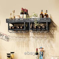 2-Tier Wall-Mounted Metal Wine Rack Industrial Bottle Storage Shelf Glass Holder