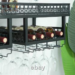 2-Tier Wall Mounted Wine Bottle Wood Shelf Organizer, Stemware Glass Holder Rack