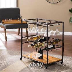 2-Tone Bar Cart Black withBrown Wood Removable Tray Top, 10 Bottle, 10 Glass Racks