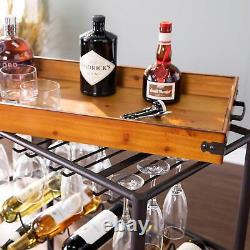 2-Tone Bar Cart Black withBrown Wood Removable Tray Top, 10 Bottle, 10 Glass Racks