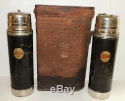 2 Vintage 1913 Stanley Thermos Ferrostat Vacuum Bottles with Case black blue glass