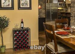 32 Bottle Wine Rack with Glass Table Top Black Floor Standing Durable New