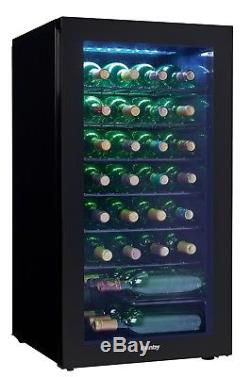 36 Bottle Free Standing Wine Cooler Black Glass Door LED Light Reversible Door