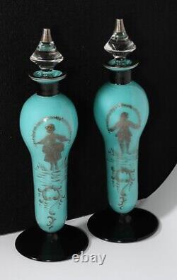 3-piece Antique Harrach Vanity Set-Turquoise & Black Tango Glass withSilver-1920s