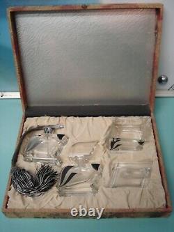 3p Antique Art Deco cut Crystal perfume scent glass vanity box set bottle Palda
