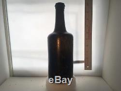 41# c. 1700's-1800's BLACK GLASS BLOWN PORT BOTTLE SEA SALVAGED PIRATE ARTIFACT