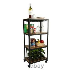 8-Bottle 4-Tier Black/Wood Metal Food Wine Cart Wine Glass Bottle Storage